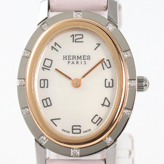 HERMES エルメス時計コピー クリッパー CO1222.216.WRPM2 オーバル ダイヤベゼル YG金無垢 レザー ピンク/ホワイトシェル レディースミニ